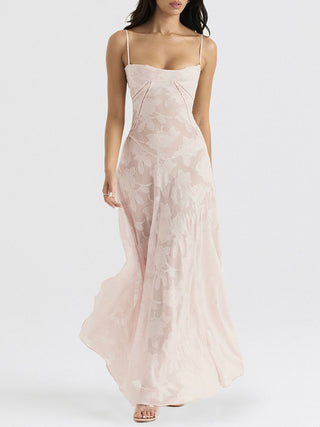 Spaghetti Strap Floral Mesh Lace‑Up Back Maxi Dress