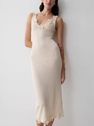 Sleeveless Floral Applique Knit Midi Dress