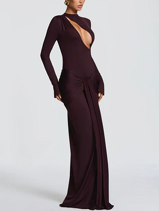 Long Sleeve Cutout Front Draped Black Maxi Gown