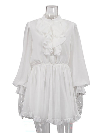 Ruffle Neck Puff Sleeve Mini Dress