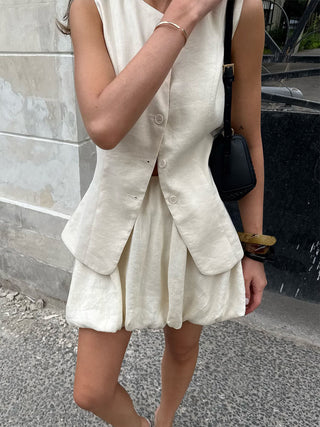 Sleeveless Button Vest Bubble Mini Skirt Two Piece Outfit