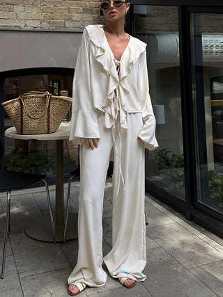 Ruffled Tie Blouse Wide Leg Pants Two Piece Set