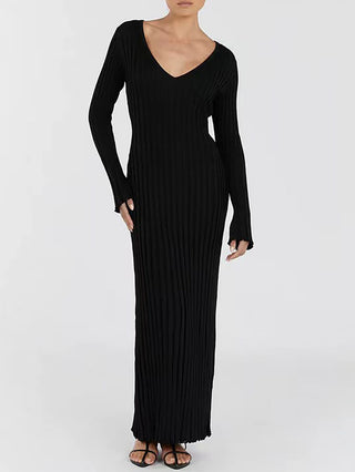 V‑Neck Long Sleeve Ribbed Knit Midi Dress