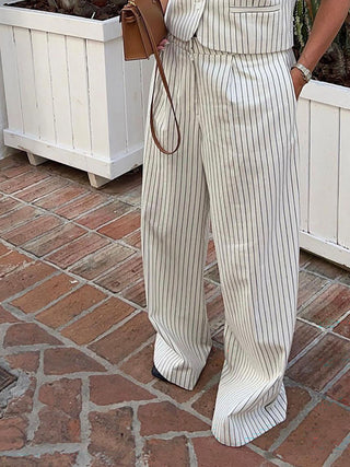 Striped V Neck Vest Wide Leg Pants Two Piece Set