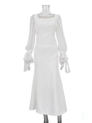 Square Neck Sheer Flare Sleeve Mermaid Maxi Dress
