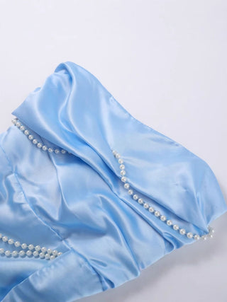 Strapless Pearl Decor Draped Train Mini Dress