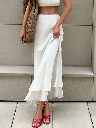 Elastic Waist Double Layer Flowy Long Skirt