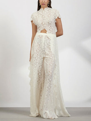 Lace Cutout Top Wide Leg Pants Set