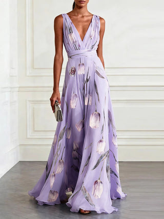 Tulip Print V Neck Sleeveless Maxi Dress