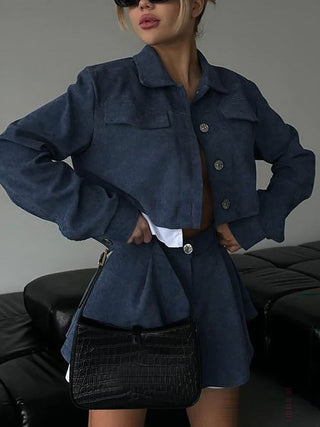 Cropped Button Jacket Mini Skirt Fashion Two Piece Outfit