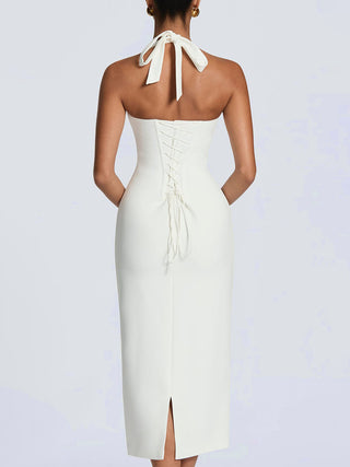 Halter Lace Bust Corset Back Bodycon Midi Dress
