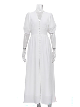 Deep V Puff Sleeve Button Front Slit Midi Dress