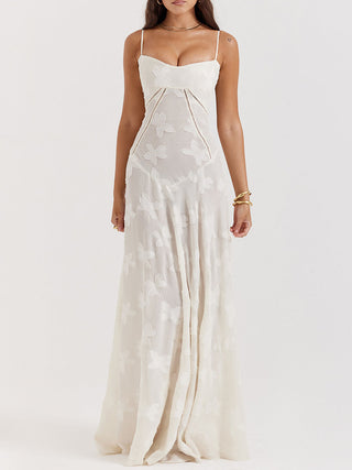 Spaghetti Strap Floral Mesh Lace‑Up Back Maxi Dress