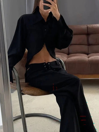 Irregular Shirt Cutout Lace-Up Pants Two Piece Set