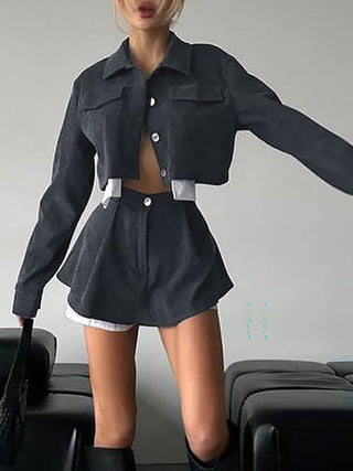 Cropped Button Jacket Mini Skirt Fashion Two Piece Outfit