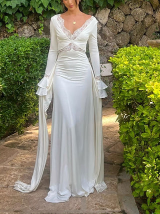 Lace V‑Neck Flare Sleeve Mermaid Maxi Dress