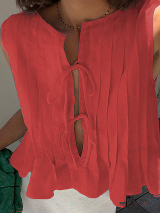 Sleeveless Pleated Lace-Up Blouse Top