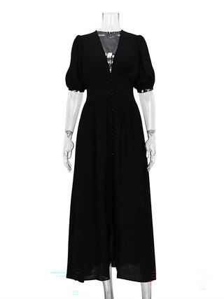 Deep V Puff Sleeve Button Front Slit Midi Dress