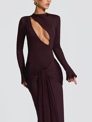 Long Sleeve Cutout Front Draped Black Maxi Gown