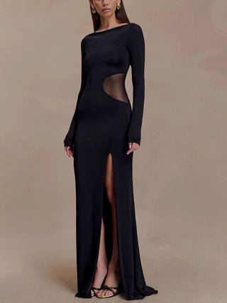 Slim Fit Cutout High Slit Long Sleeve Maxi Gown