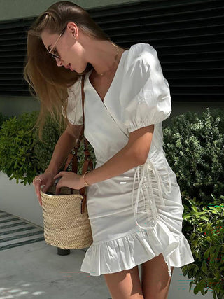 Puff Sleeve V Neck Ruched Ruffle Wrap Mini Dress