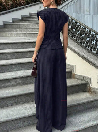Women Striped Vest Wide Leg Pants Two Piece Outfit
