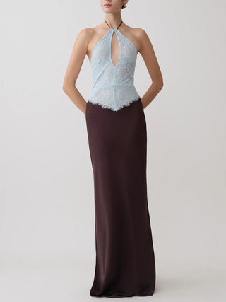 Halter Lace Spliced Floor‑Length Dress