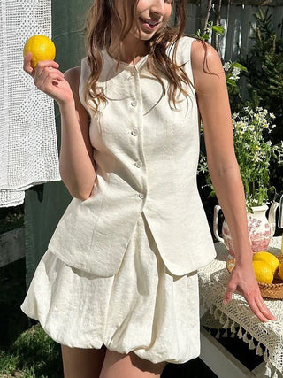 Sleeveless Button Vest Bubble Mini Skirt Two Piece Outfit