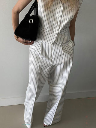 Striped V Neck Vest Wide Leg Pants Two Piece Set
