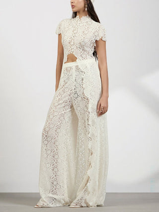Lace Cutout Top Wide Leg Pants Set