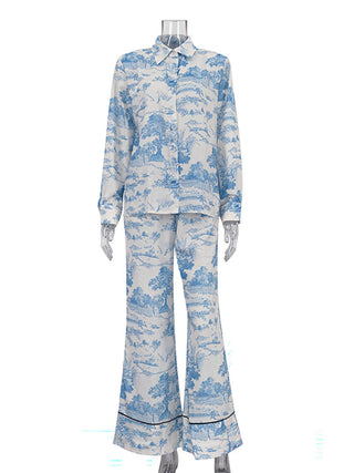 Landscape Print Shirt Wide Leg Pants Two Piece Set