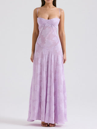 Spaghetti Strap Floral Mesh Lace‑Up Back Maxi Dress