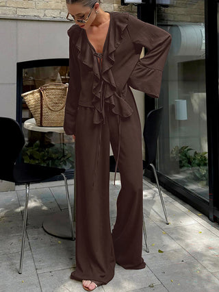 Ruffled Tie Blouse Wide Leg Pants Two Piece Set