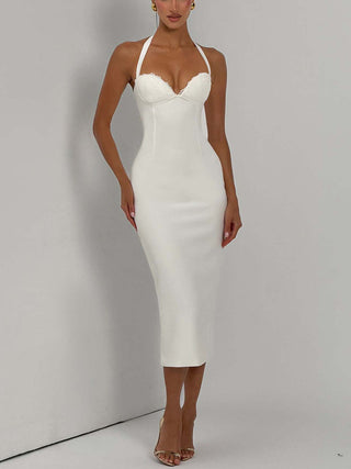 Halter Lace Bust Corset Back Bodycon Midi Dress
