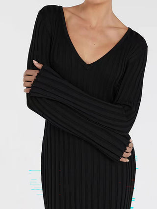 V‑Neck Long Sleeve Ribbed Knit Midi Dress