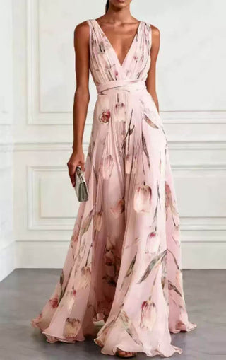 Tulip Print V Neck Sleeveless Maxi Dress