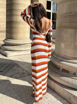 Retro Stripe Knit Long Sleeve Flare Maxi Dress