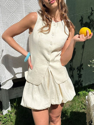 Sleeveless Button Vest Bubble Mini Skirt Two Piece Outfit