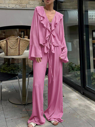 Ruffled Tie Blouse Wide Leg Pants Two Piece Set