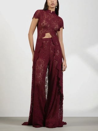 Lace Cutout Top Wide Leg Pants Set