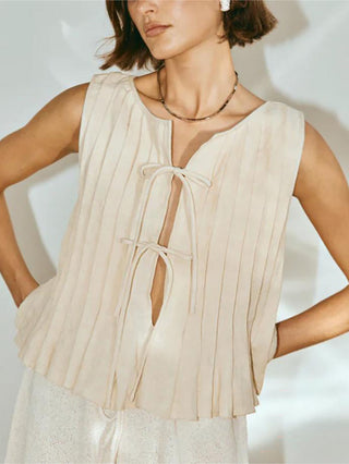 Sleeveless Pleated Lace-Up Blouse Top
