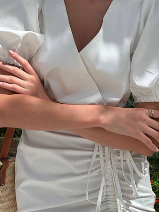 Puff Sleeve V Neck Ruched Ruffle Wrap Mini Dress