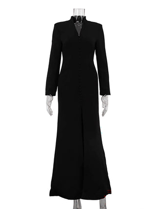 Stand Collar Button Front Slit Maxi Dress