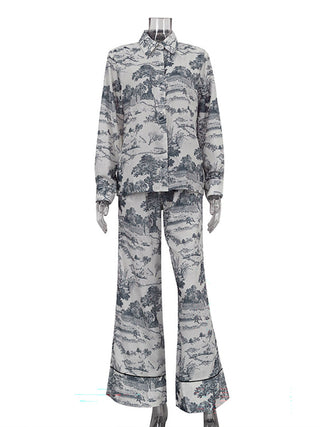 Landscape Print Shirt Wide Leg Pants Two Piece Set