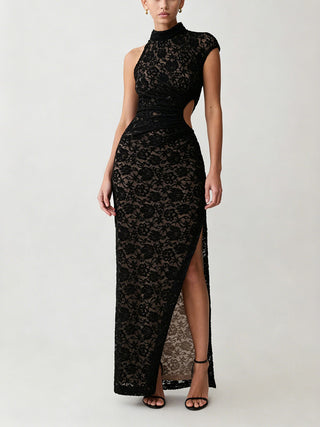 Lace Cutout High Slit Bodycon Maxi Dress