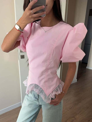 Puff Sleeve Lace Trim Irregular Hem Blouse