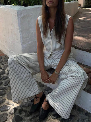 Striped V Neck Vest Wide Leg Pants Two Piece Set