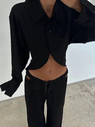 Irregular Shirt Cutout Lace-Up Pants Two Piece Set