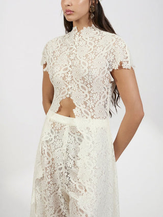 Lace Cutout Top Wide Leg Pants Set