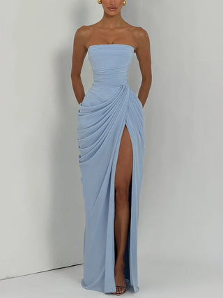 Strapless Draped High Slit Bodycon Maxi Dress